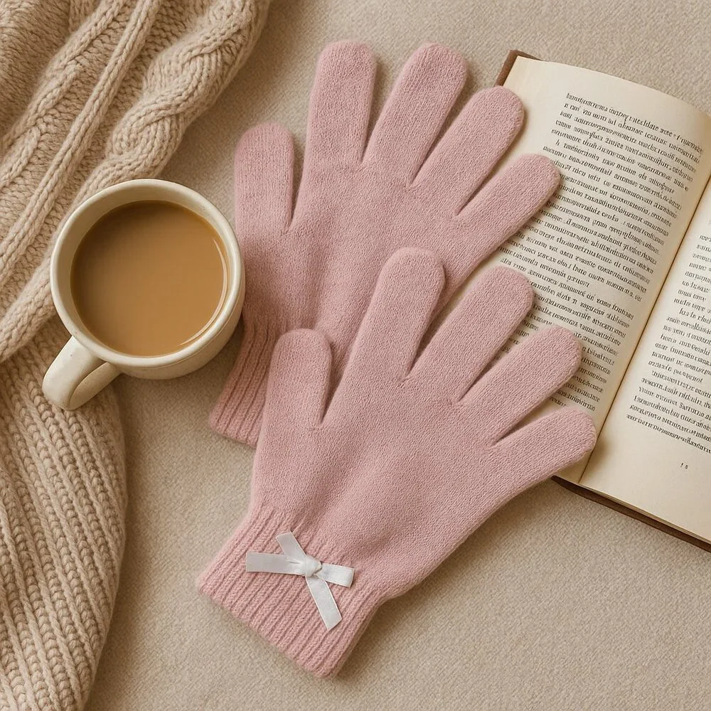 Soft Dusty Pink Knit Gloves Mittens w/White Bow Accent | One Size | Cozy Winter